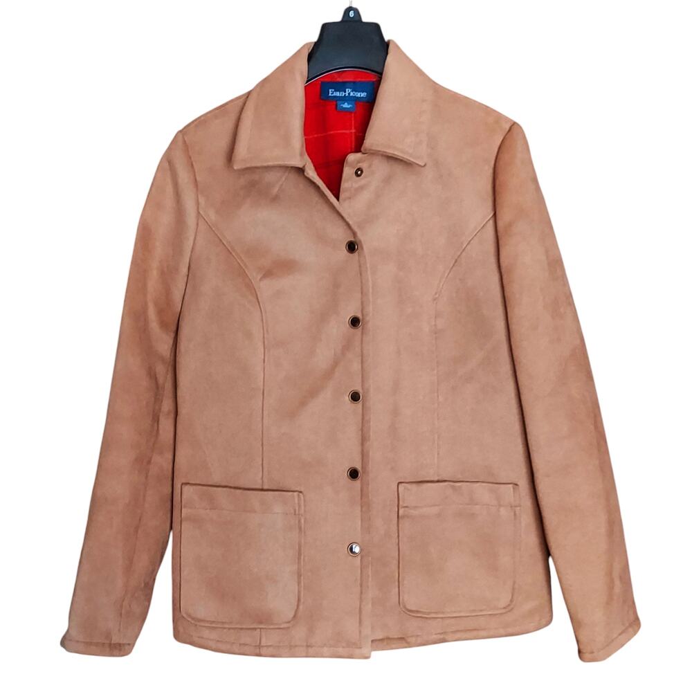 Evan Picone Brushed Faux Suede Camel Tan Women's Jacket Snap Front Fully Lined S